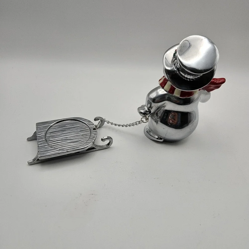 Lenox Yuletide Snowman pulling Sled votive candle holder Metal